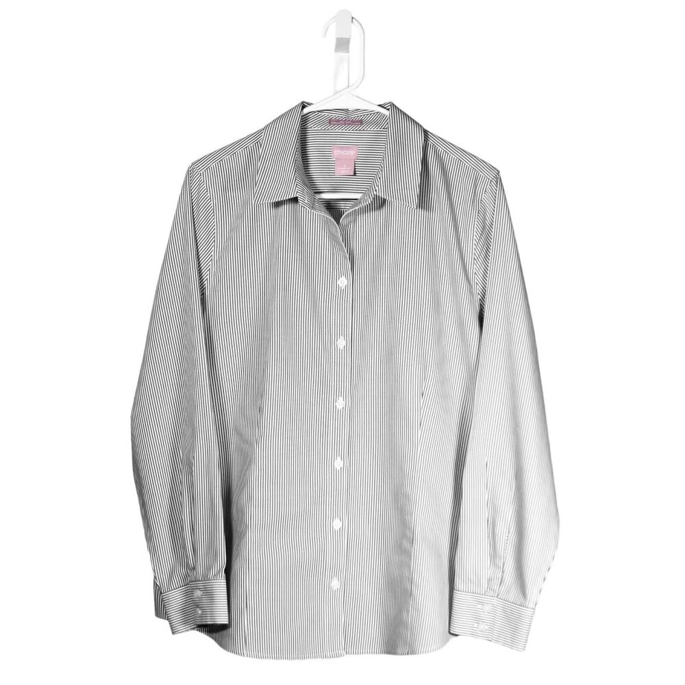 Chico's Women's Blouse Button Up Gray White Striped Preppy No Iron Top 2 L/12